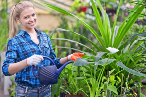 Company logo and a garden scene representing commitment to ethical labour