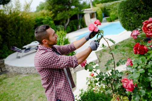 Gardener using labeled tools with clear instructions during a service visit