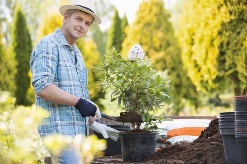 A man wearing a straw hat, light blue checkered shirt, and gloves is working in a garden, holding a small potted plant with green foliage and a flowering white plant with purple spots. The garden scene includes a freshly dug soil bed, with black plastic plant pots stacked nearby, and a white plastic tray holding additional pots. In the background, there are lush green trees and shrubs, indicating a well-maintained outdoor space likely in Blackwall. The weather appears sunny, casting natural light across the scene, suggesting a mild and clear day suitable for gardening activities. The garden features a combination of soil and planting areas, demonstrating a landscaped yard with organized plant beds and a focus on gardening and outdoor maintenance, aligning with services offered by Gardening Services Blackwall.